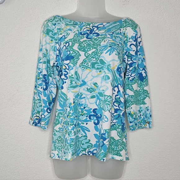 Lilly Pulitzer Juline Top Resort White In A Pinch Green Blue Floral Boatneck L - Picture 2 of 11